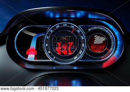 3d Illustration Of New Car Interior Details. The Speedometer Shows The Maximum Speed Of 147 Km H, Th