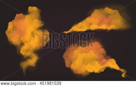 Orange Smoke Clouds, Color Dust Or Powder Splashes Isolated On Black Background. Vector Realistic Se