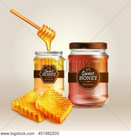 Glass Jars With Fresh Honey With Wooden Spoon And Honeycomb Pieces Realistic Background Vector Illus