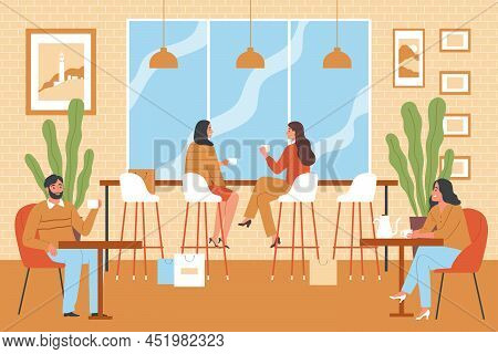 Flat Modern Coffee Shop Interior With People Resting And Communicating In Armchairs And On Bar Stool