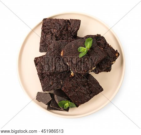 Delicious Chocolate Brownies With Nuts And Fresh Mint On White Background, Top View
