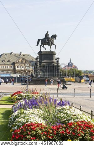 Dresden, Germany - September 23, 2020 : Equestrian Statue Of King Jan Wettin On Theatre Square In Fr