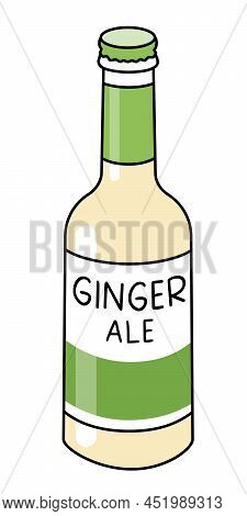 Doodle Cartoon Style Bottle Of Ginger Ale. Refreshing Soft Drink, Cocktail Ingredient. For Card, Sti