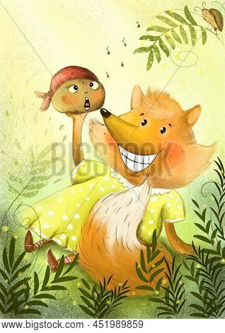 Illustration To The Fairy Tale Kolobok. A Fox Holds A Bun In Its Paws, A Bun Sings A Song