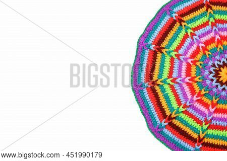 Crocheted Rug Made Of Multicolored Wool Threads.rainbow Knitted Background, Mandala.handmade Concept