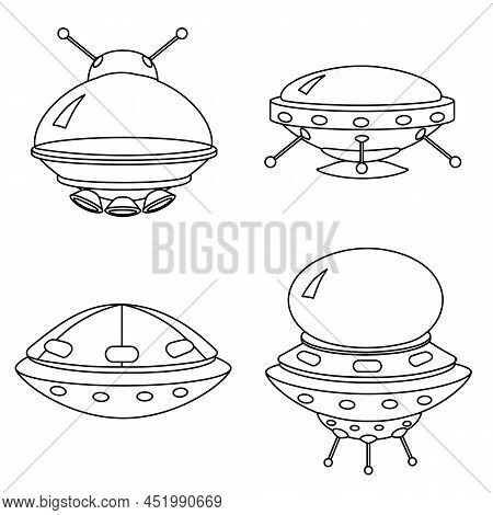 Ufo Icon Set, Spacecraft Of Alien. Vector Outline Style