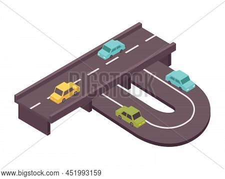 Road Set Isometric Composition With View Of Motorways With Flyover And Moving Cars Vector Illustrati