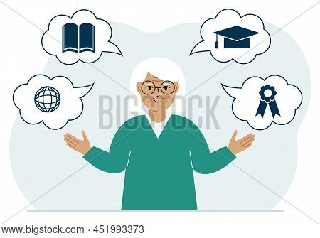 Happy Grandmother With Thoughts About Learning. Internet Profession, Higher Education, Stock Exchang