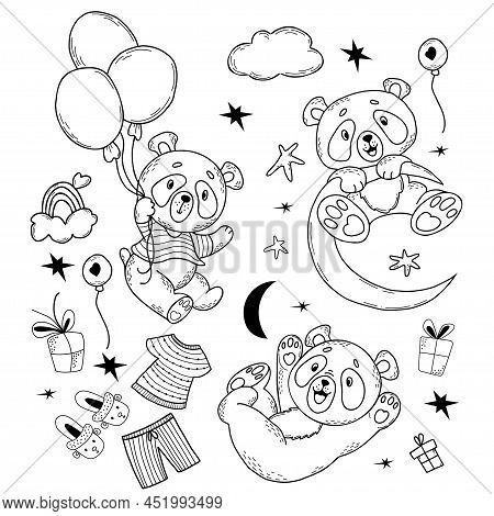 Set Of Cute Panda Characters. Panda In Striped T-shirt Flies On Balloons, Plays And Hangs On Moon, G