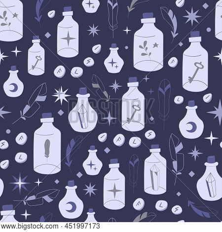 Boho Bottle Seamless Pattern With Tubes And Feathers