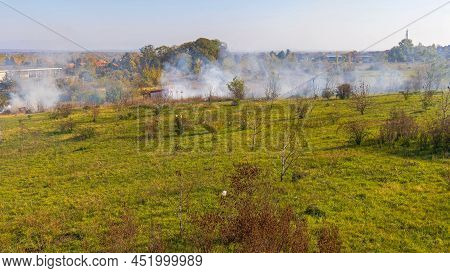 Brush Fire Smoke Air Pollution Burning In Rural Aeria