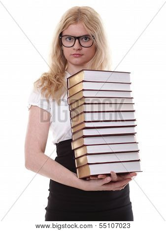Beautiful Young Woman With Books White Background
