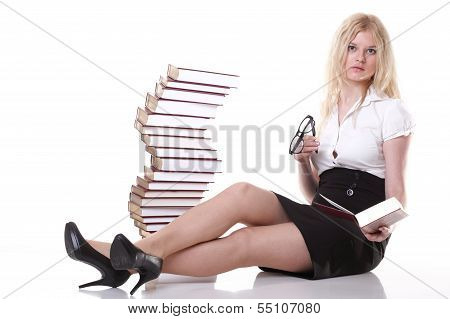 Beautiful Young Woman With Books White Background