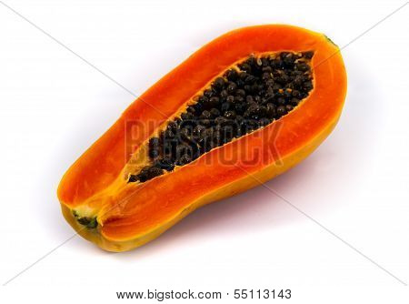 Papaya Fruit Sliced On Half Isolated On A White Background.