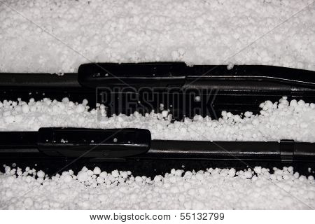 Windshield Wiper With White Hail In Winter