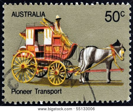 A stamp printed in Australia shows Coach Transport Australian Pioneer Life