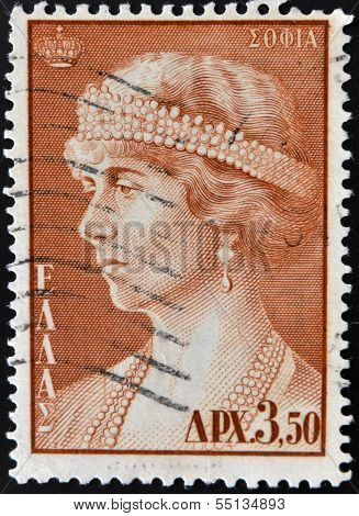 A stamp printed in Greece shows Queen Sophia of Greece