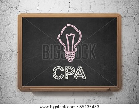 Finance concept: Light Bulb and CPA on chalkboard background