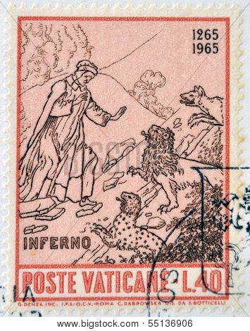 stamp dedicated to Anniversary of Birth of Dante shows Dante entrance to the inferno