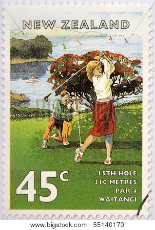 stamp printed in New Zealand shows the game of golf the field of Waitangi (15 holes)