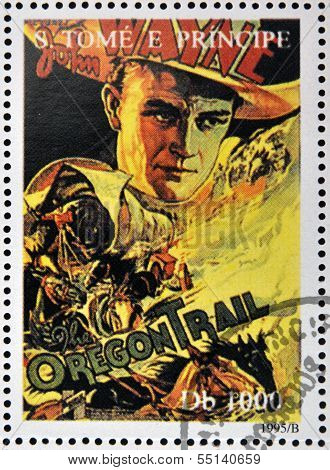 SAO TOME AND PRINCIPE - CIRCA 1995: A stamp printed in Sao Tome shows movie poster The Oregon Trail