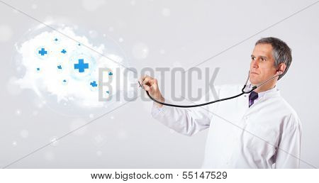 Proffesional doctor listening to abstract cloud with medical signs