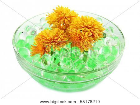 Beautiful flowers in vase with hydrogel isolated on white