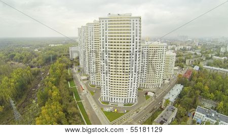 MOSCOW - SEP 30: (view from unmanned quadrocopter) Elk Island residential complex at cloudy day, on Sep 30, 2013 in Moscow, Russia. Settling of residential complex began in II quarter of 2013.