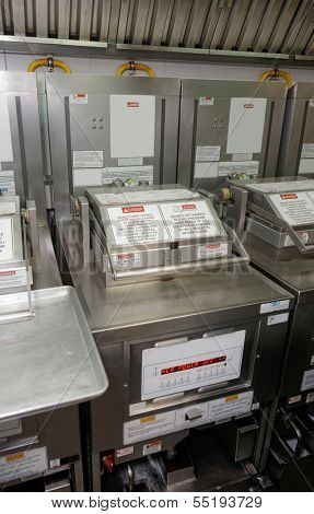 Deep fryer on restaurant kitchen, all trademarks removed