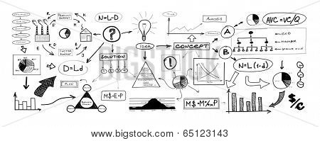 Black and white drawing of many different business elements. Finances, money, success and market concept.  