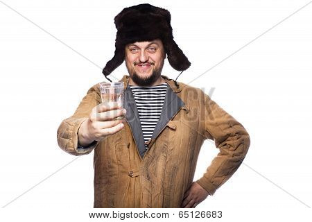 Happy russian man offering a vodka, cheers