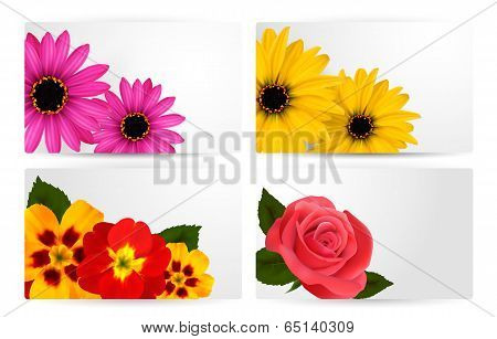 Set Of Gift Cards With Different Colorful Flower. Vector