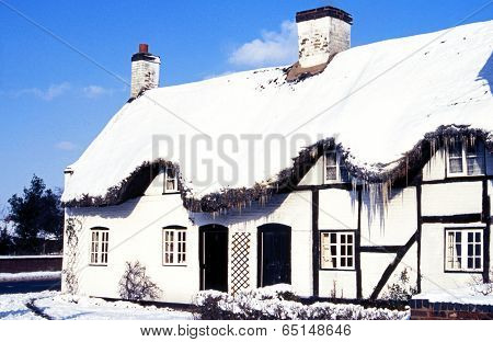 Snowy cottages, UK.