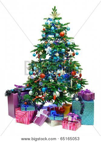 decorated Christmas tree  with gifts isolated on white