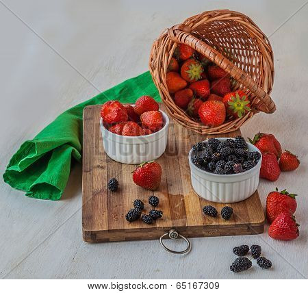 Summer Still Life Strawberries And Mulberries On The Kitchen Table