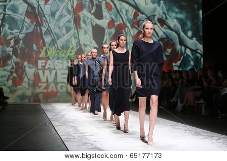 ZAGREB, CROATIA - MAY 09: Fashion model wearing clothes designed by Iva Karacic on the Zagreb Fashion Week on May 09, 2014 in Zagreb, Croatia.