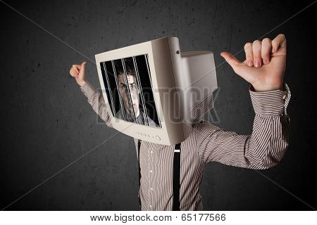Business man with monitor screen on his head traped into a digital system concept