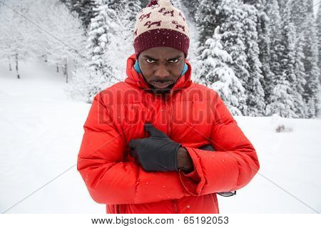 African American Cheerful Black Man In Ski Suit In Snowy Winter Outdoors, Almaty, Kazakhstan, Asia
