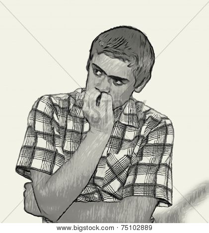 Sketch Teen Boy Body Language - Nervous Biting Nails