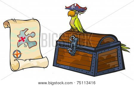 Pirate map, chest and parrot.