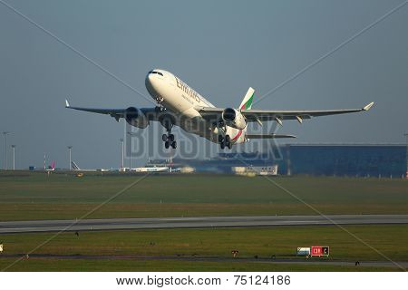 BUDAPEST, HUNGARY - OCTOBER 17: Emirates Airbus A330 taking off at Budapest Airport, October 27th 2014. This was the first ever Emirates flight to Budapest.