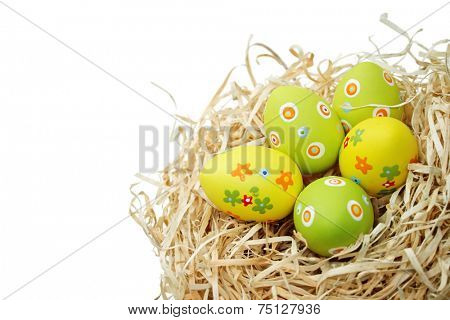 Colored Easter eggs into a nest isolated on white background
