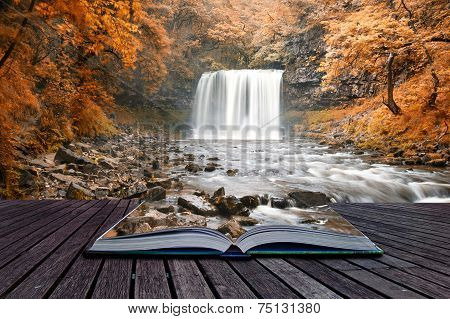 Beautiful Woodland Stream And Waterfall In Summer Conceptual Book Image