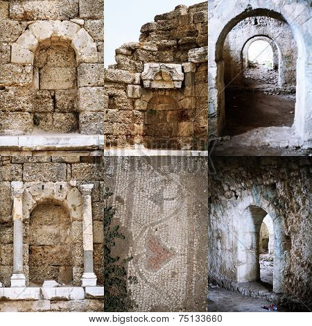 Set of Roman open and immured arch doorways in Side, Turkey