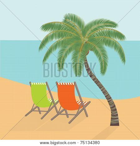 Chaise Lounges Under A Palm Tree On The Sea Coast