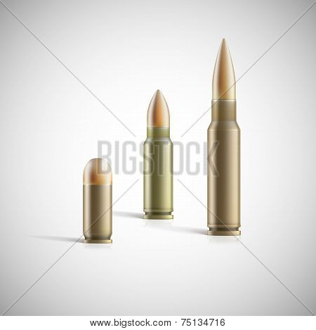 Rifle and pistol bullets isolated on white background