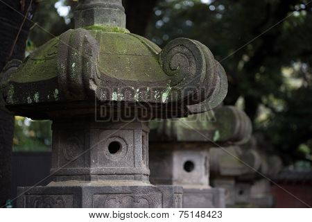 stone lanterns in a temple of Tokyo.