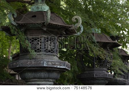 stone lanterns in a temple of Tokyo.
