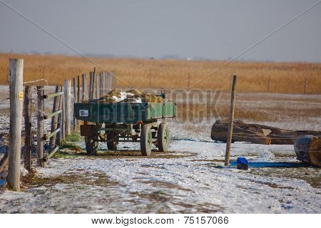 Farm in winter ith cart