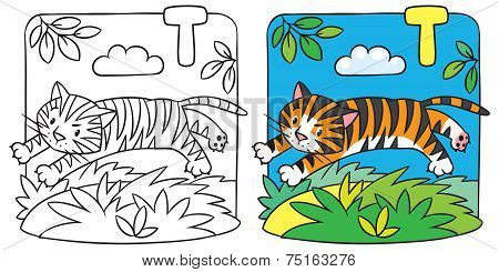 Little tiger coloring book. Alphabet T